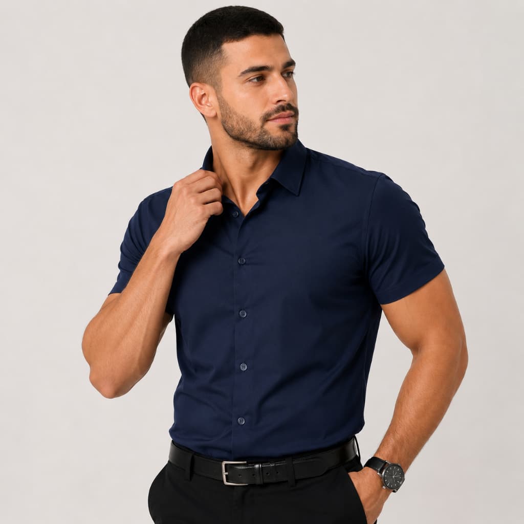 Camisa Social Masculina Manga Curta Slim Fit Poliamida Elastano Anti Rugas Casual Lisa
