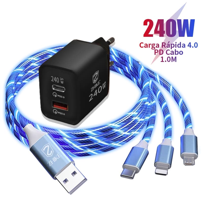 Kit Cabo Carregador Carregamento Rápido 3 em 1 Tipo C Micro USB iP 1M Luz Fluida Com GaN Adaptador