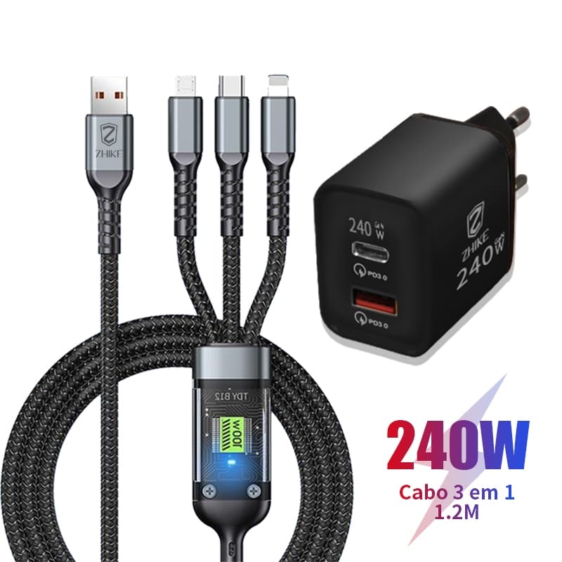 Cabo Carregador Carregamento Rápido 3 em 1 Tipo C Micro USB iP 1.2M Punk Mecânico Transparente Com Adaptador GaN