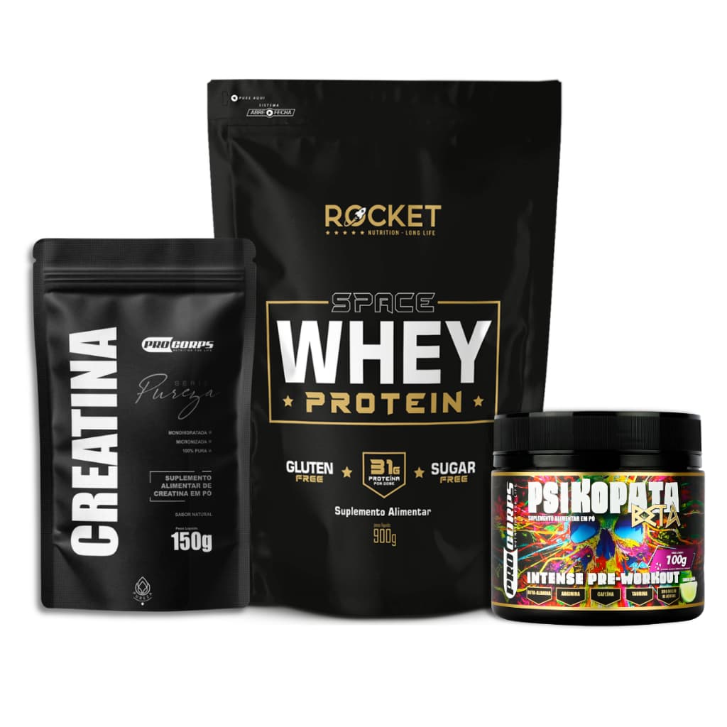 Whey Protein Space Rocket + Creatina Pureza + Pré Treino Piskopata | Kit Suplementos em Pó