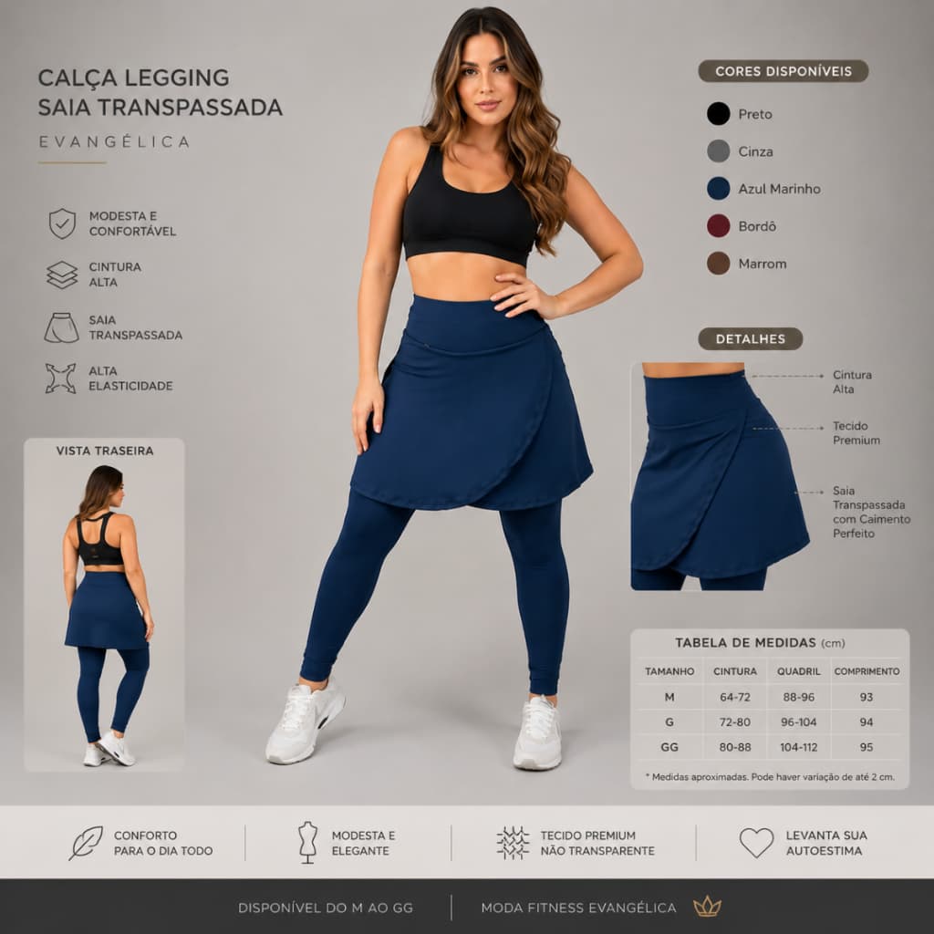 Calça Legging Saia Transpassada Evangelica Academia Fitness Yoga Casual Caminhada