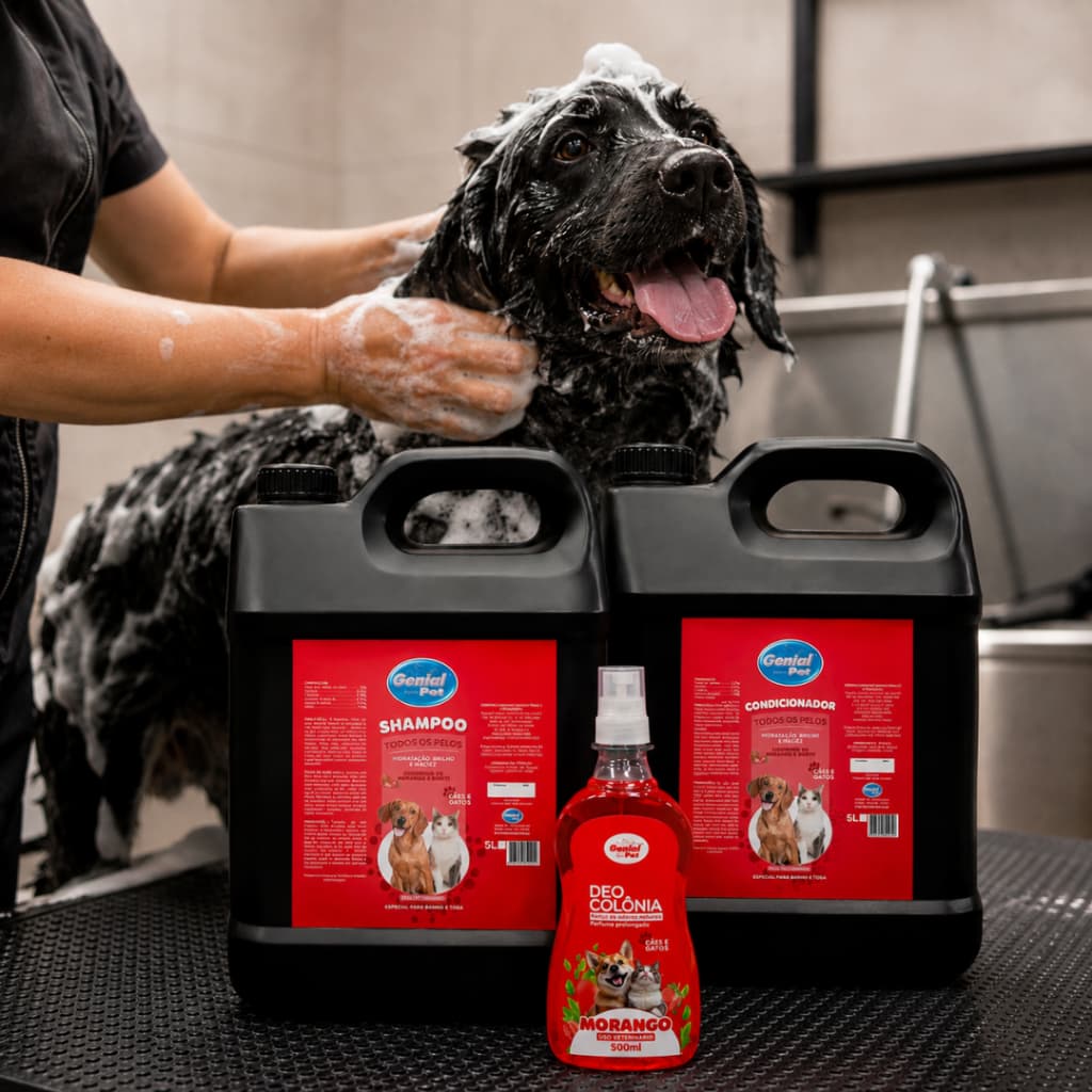 Linha 5L Shampoo Neutro Condicionador Deo Colônia Morango Cães Gatos