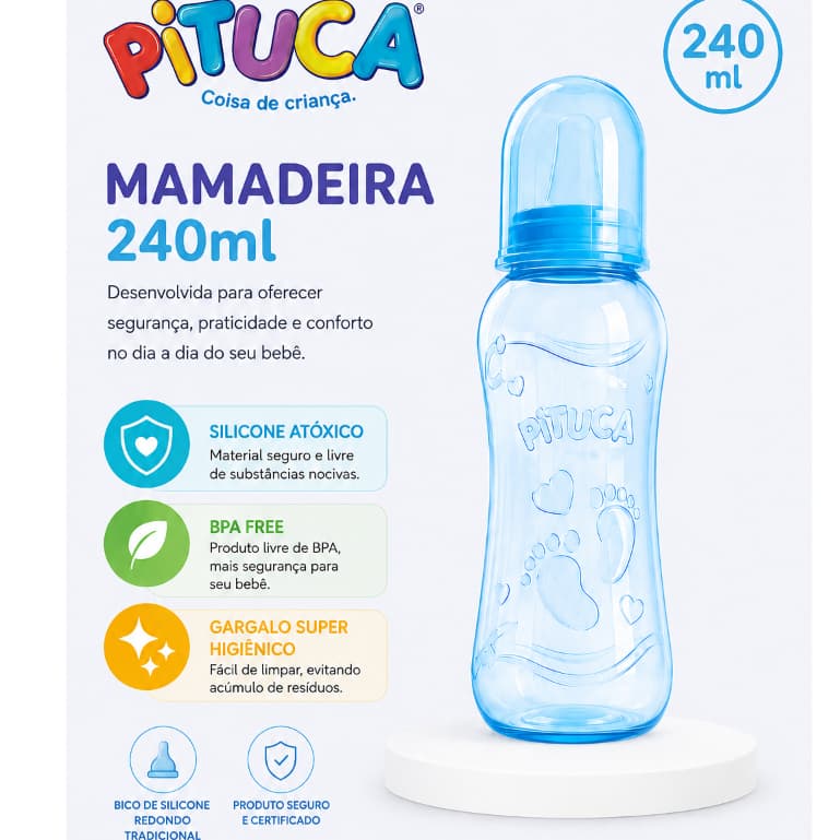 Mamadeira Pituca 240ml Azul Bico Silicone Atóxico Fluxo Lento BPA Free Bebê Infantil