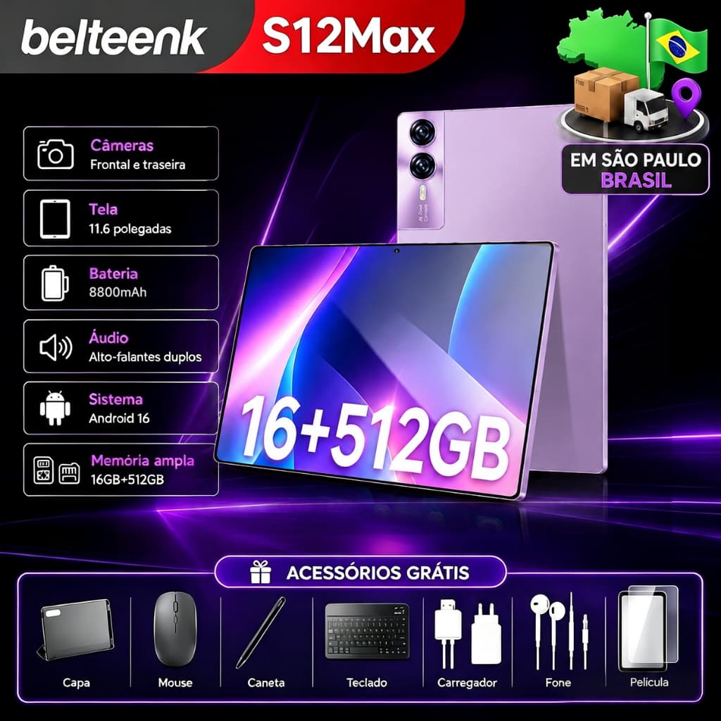 belteenk Tablet S12 Max com Teclado e Mouse Tela 11.6" 16GB RAM 512GB WiFi/Bluetooth Android 16