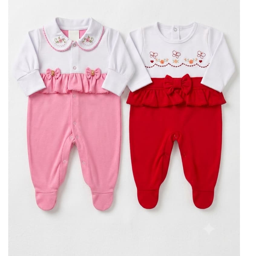 kit 2 Macacão Bebê Longo Malha 100% Algodão Menina kit Enxoval Maternidade Alicia