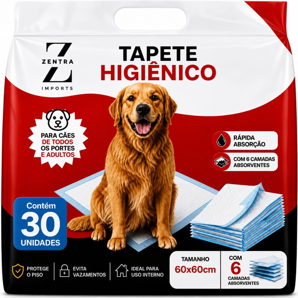Tapete Higiênico Descartável para Cachorro 30 Unidades 60x60 cm - Fralda Pet Xixi Cão 6 Camadas