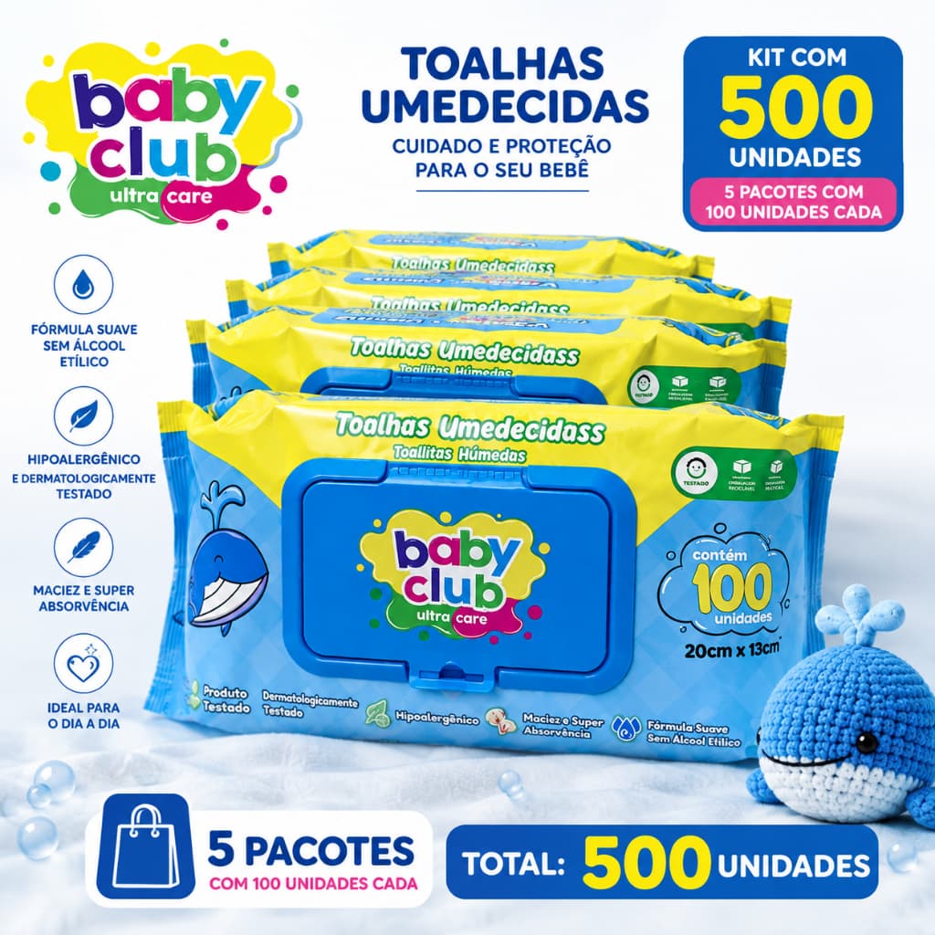 Kit Lenço Toalhas Umedecidas Baby Club Com Tampa  100 Unidades Hipoalergênico S Álcool