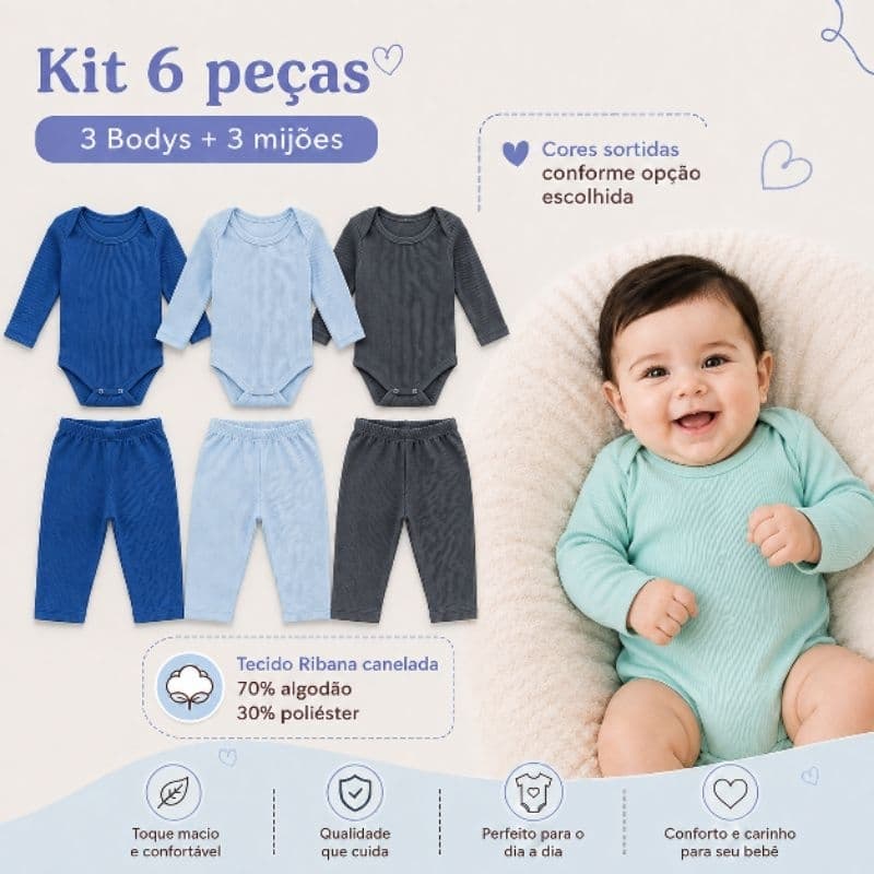 Kit 6 peças para bebê Body e mijão menino ou menina bori bory enxoval bebê