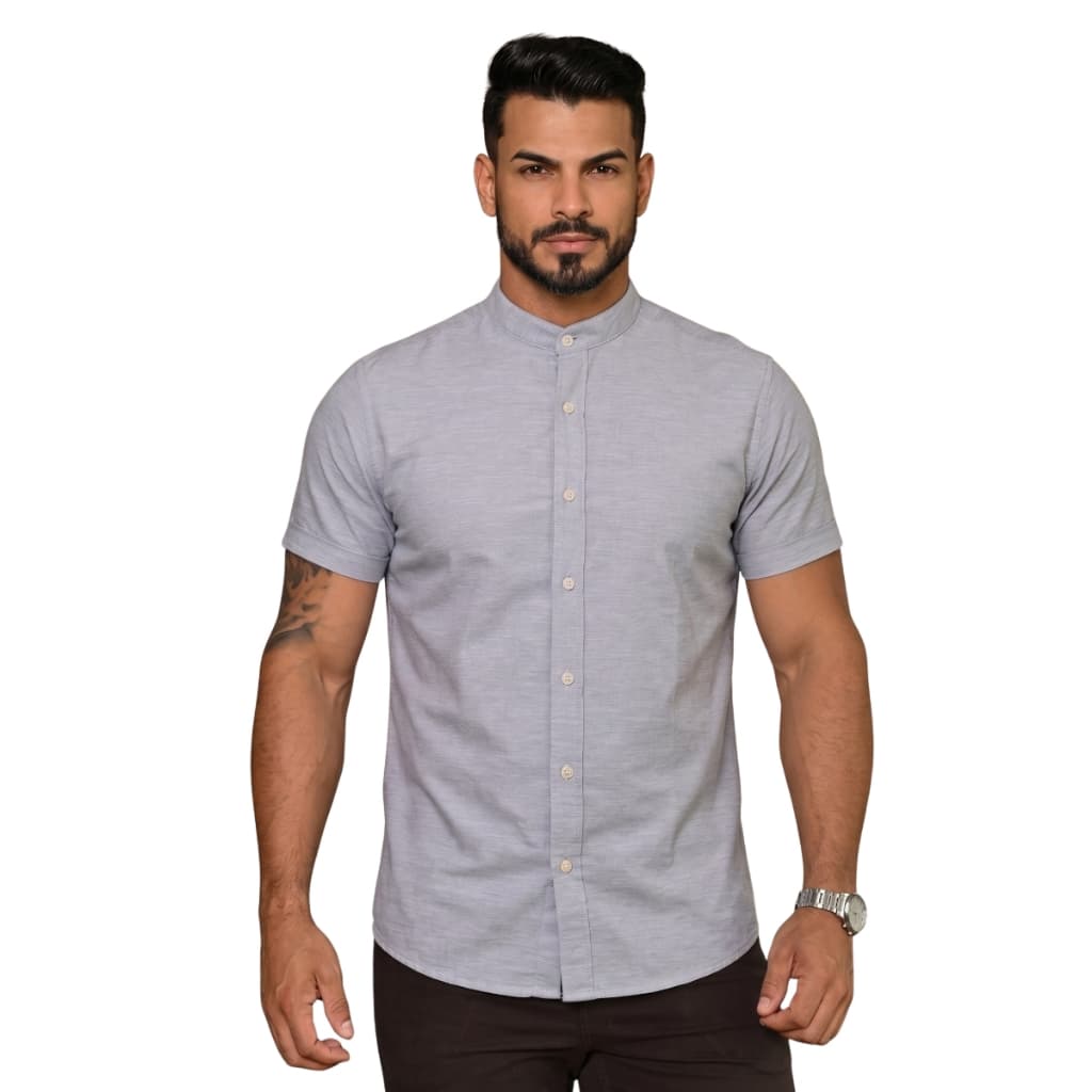 Camisa Social Masculina Manga Curta Luxo Gola Padre Slim Tecido Linho Premium