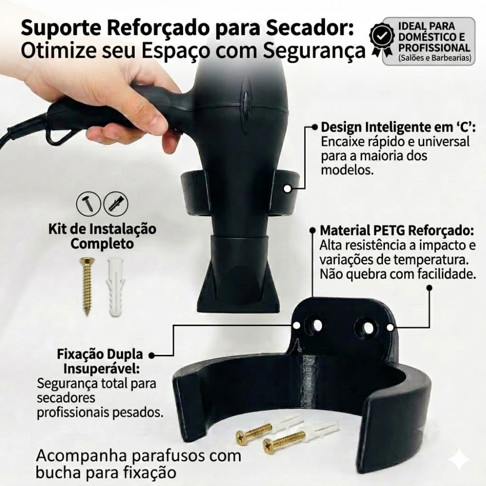 Suporte de Parede para Secador de Cabelo Profissional Preto Resistente com Parafusos