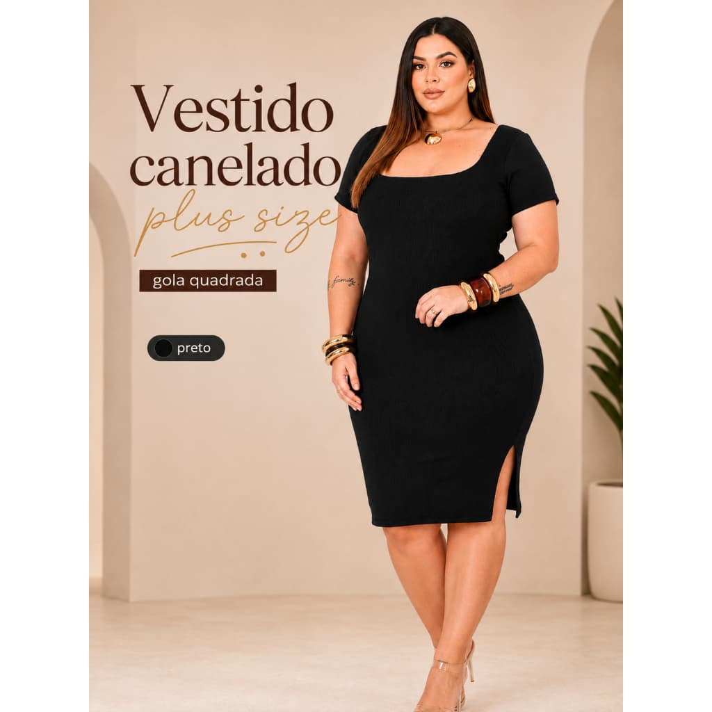 Vestido Feminino Plus Size Tubinho Midi Canelado Gola Quadrada Manga Curta Elegante com Fenda GG G1 G2 G3