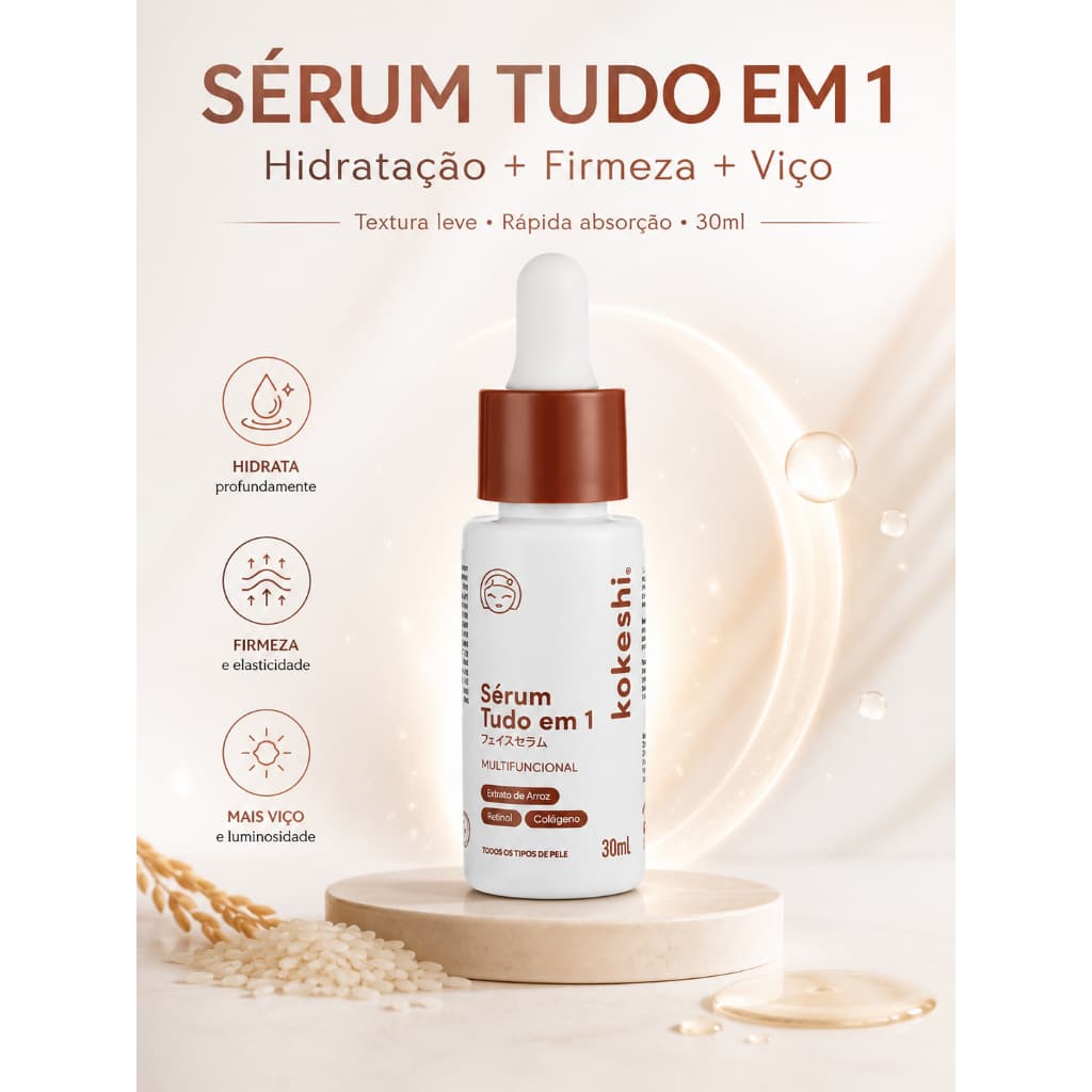 Sérum Tudo em 1 Kokeshi serum 10 Ativos Poderosos 30ml Eficácia Comprovada Textura Leve Vitamina C