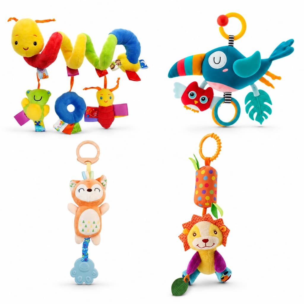 Kit Móbile Girafa Grande Colorida com Mordedor, Chocalho, Naninha Espiral e Brinquedo de Pássaro - Para Carrinho e Berço