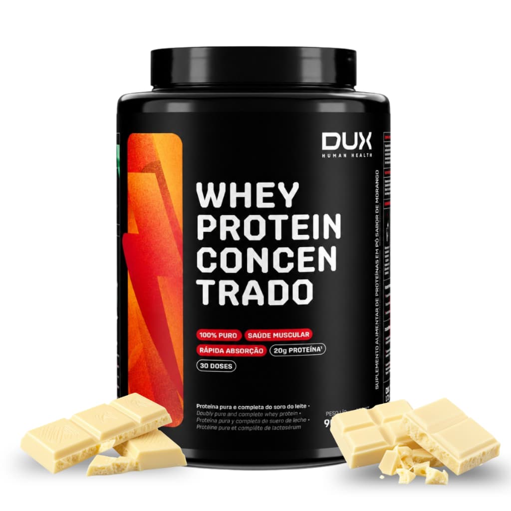 Whey Protein Concentrado DUX 900g Chocolate Branco 20g Proteína 30 Doses 100% Whey
