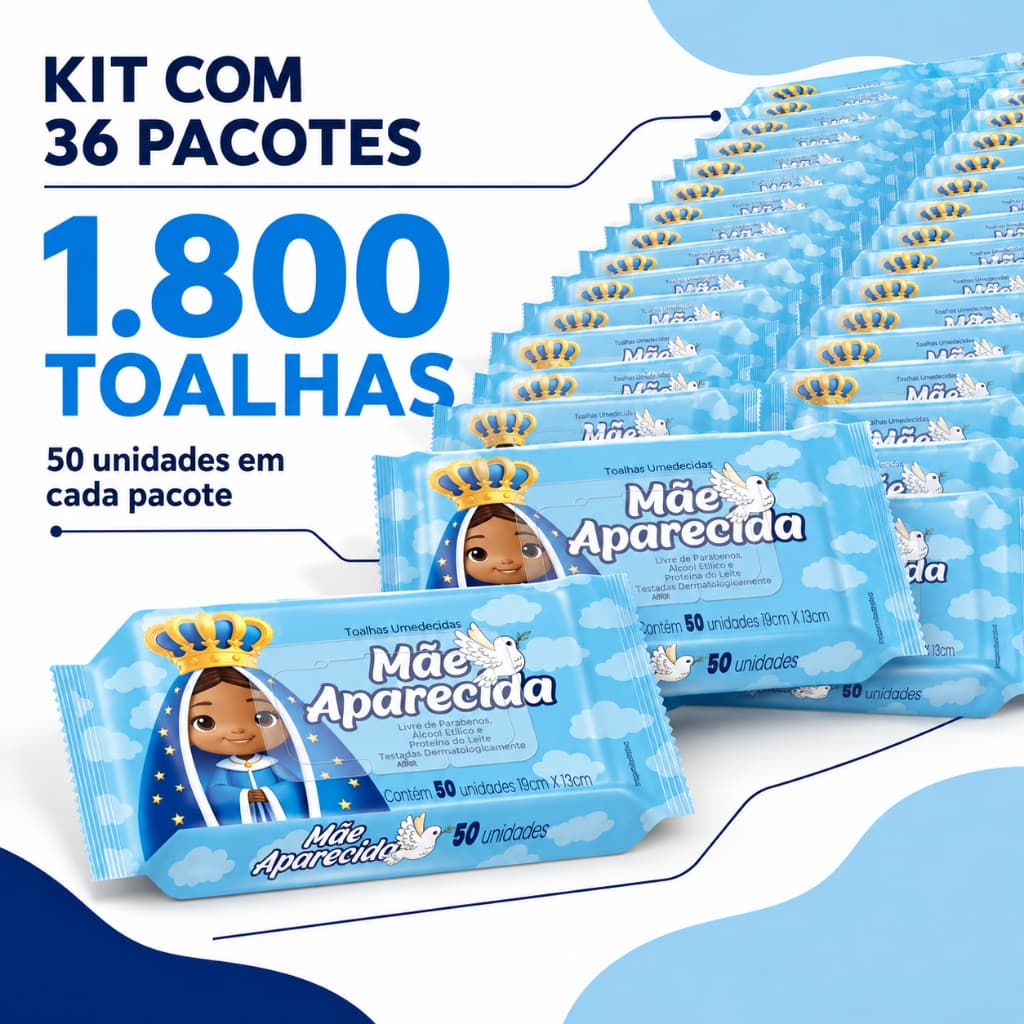 Kit 36 Pacotes Lenço Umedecido Bebê Mãe Aparecida 1.800 Folhas Toalhas Umedecidas