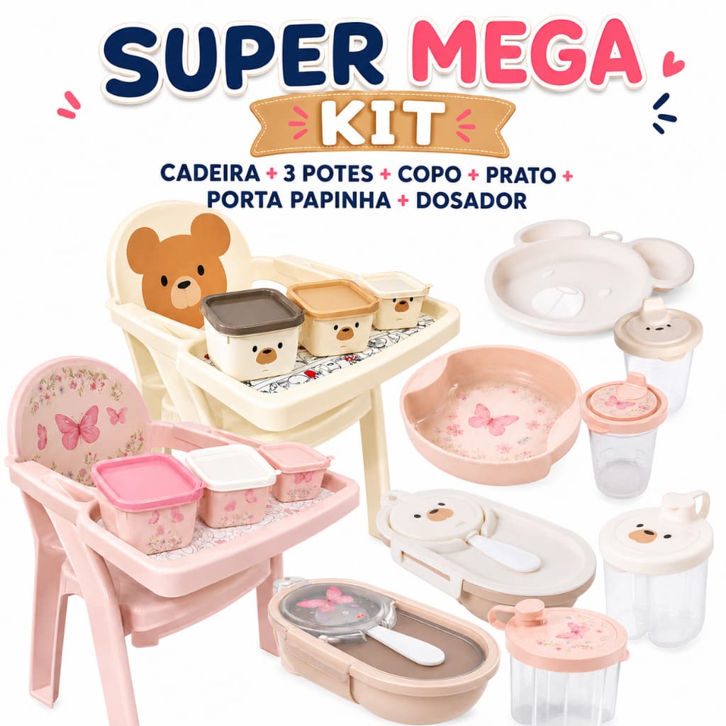 Poltrona Introdução Alimentar Bebê Completa com Cadeira Prato, Copo, Potes, Dosador e Papinha