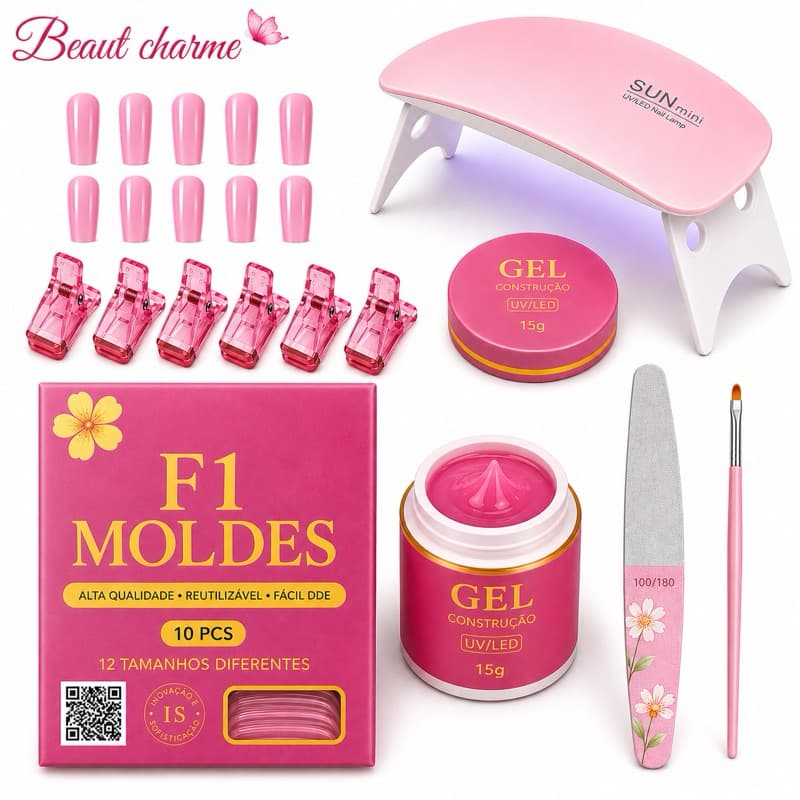 Kit Unha de Gel Completo Polygel Molde F1 Alongamento Unhas Manicure Lixa Pincel