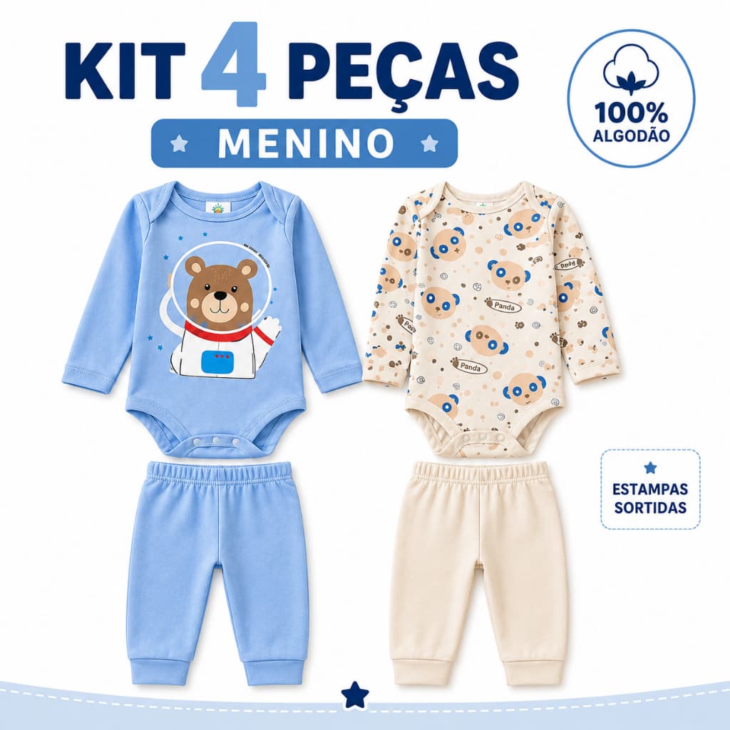 Kit 4 Peças Bebê Menino 2 Body Manga Longa + 2 Calças Algodão Macio Confortável P ao G