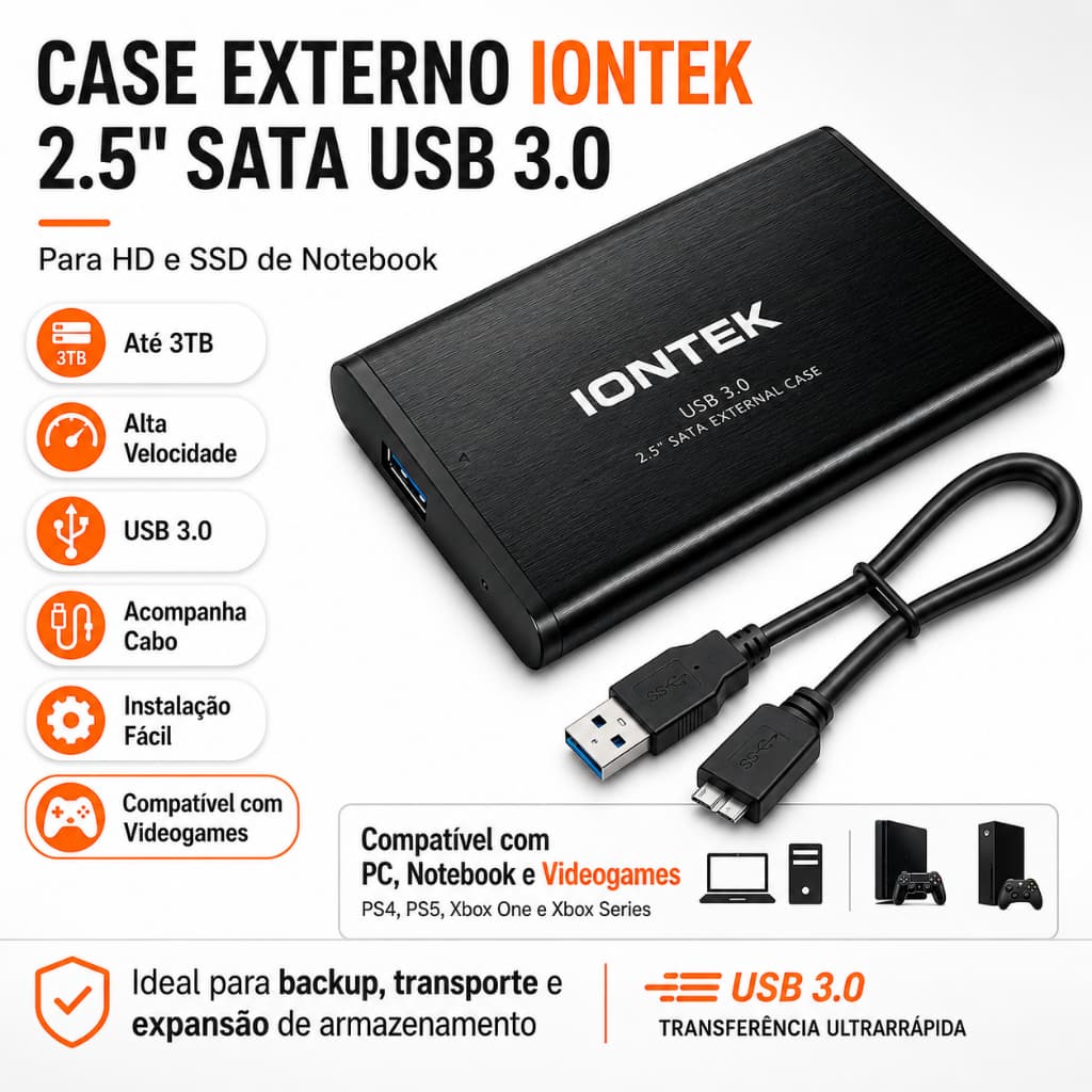 Case HD SSD Externo 2.5 SATA USB 3.0 Até 3TB Gaveta Notebook PC PS4 Xbox Alta Velocidade