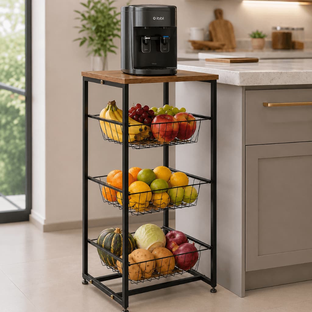 Fruteira para Cozinha Organizador Air Fryer 3 Cestos Removíveis com Tampo Multiuso Estrutura Metálica