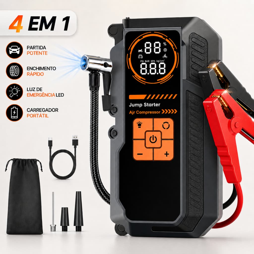 Auxiliar de Partida Veicular 3000A com Compressor de Ar Portatil 150 PSI e Carregador 8000mAh para Carros e Motos e SUVs