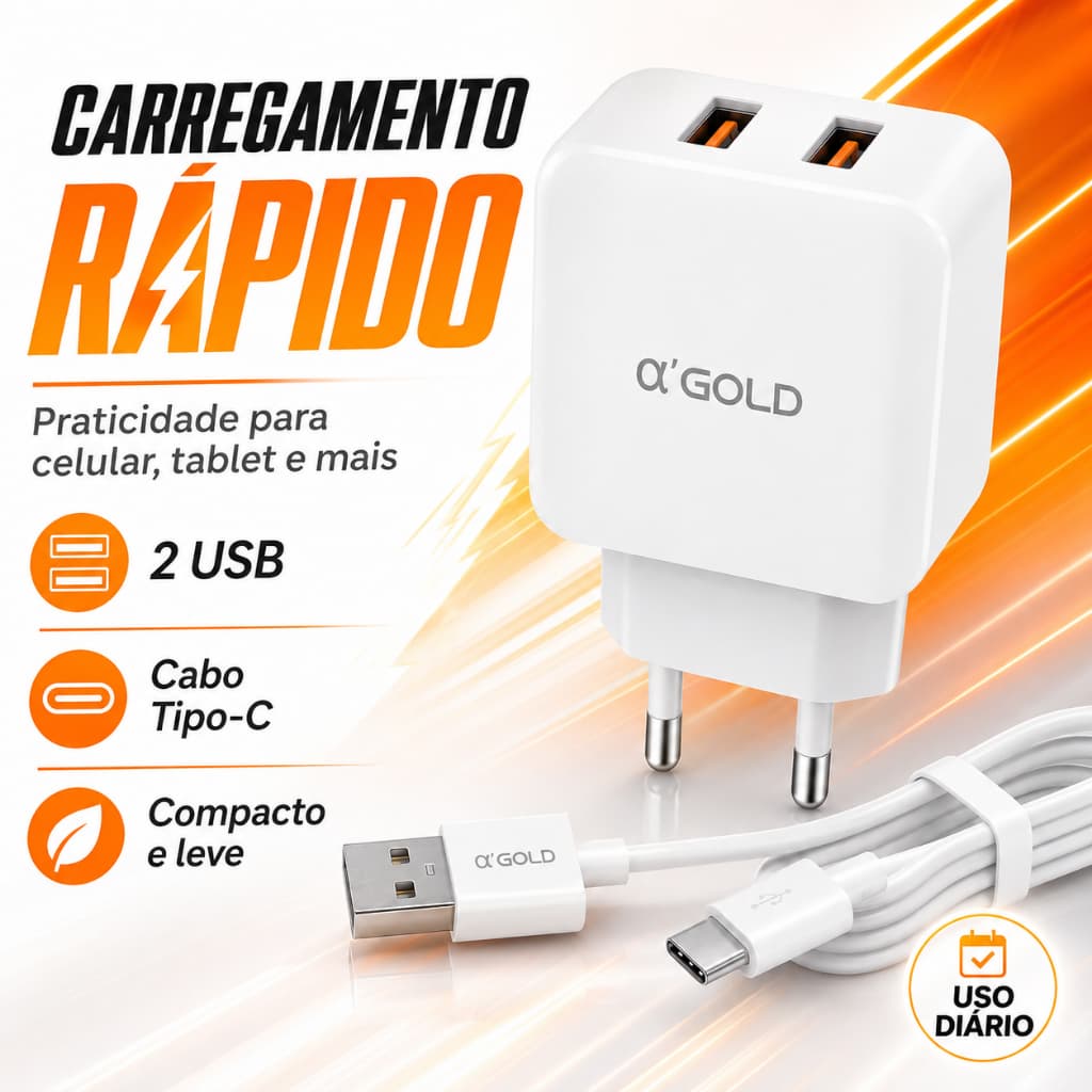 Kit Carregador Rápido de Celular  Tipo C 4.1A com 2 USB Bivolt + Cabo USB-C para Celular Tablet