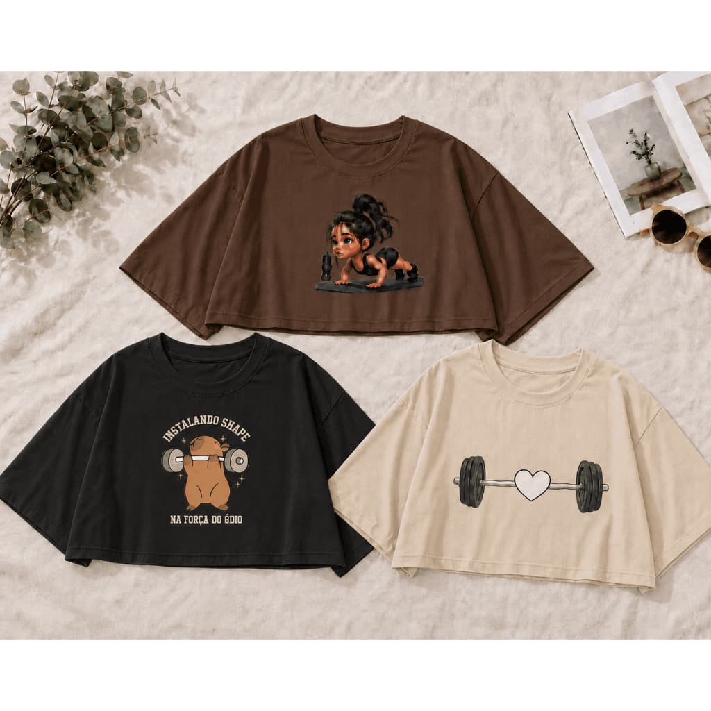 Kit 3 Croppeds Oversized Premium Academia Halter Shape Estilosos 100% Algodão Fio 30.1 Unissex Moda Casual