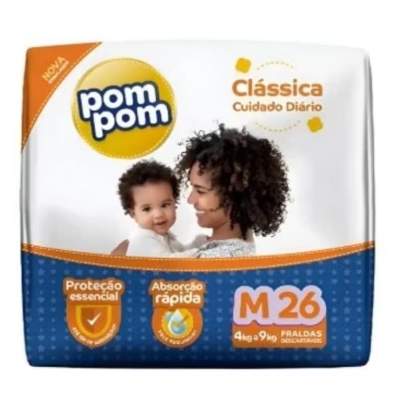 Fralda Descartável Pom Pom Clássica Jumbo Tamanho M - Pacote com 26 Fraldas