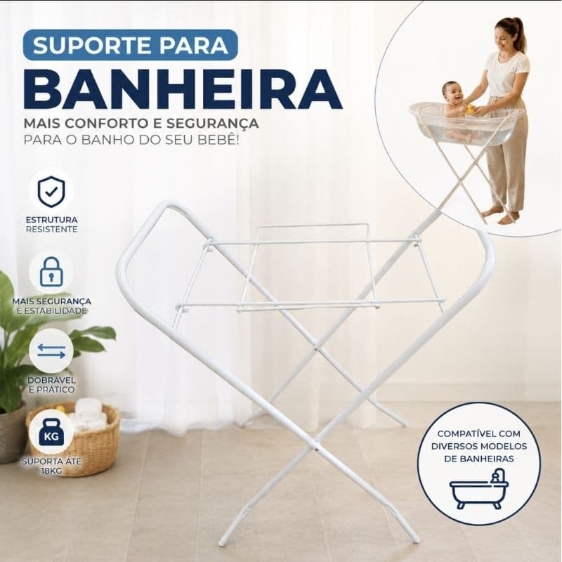 Suporte para Banheira Bebê Infantil Resistente Antiderrapante Metal Aço Dobrável Compacto Criança Universal 20 24 Litros