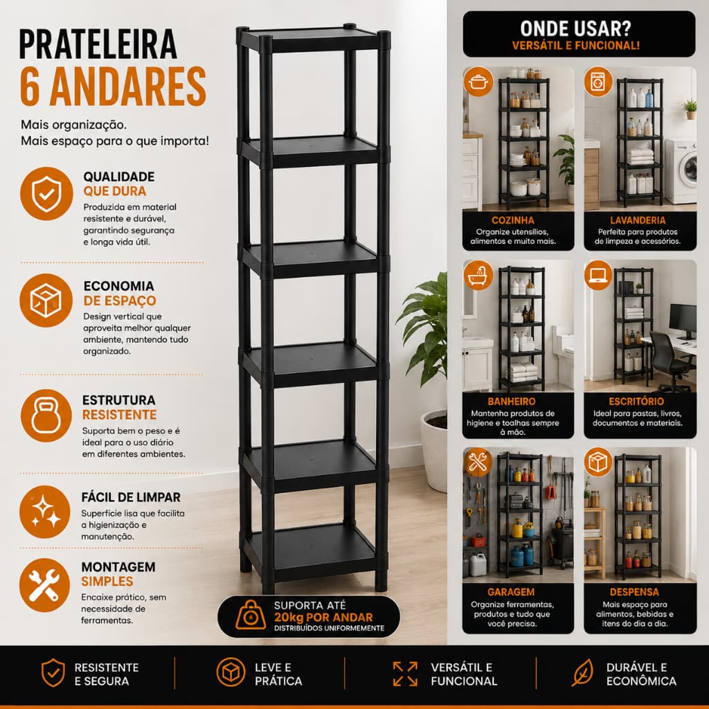Estante Organizadora Multiuso 6 Andares Preta Prateleira Sapateira Banheiro Cozinha Quarto Lavanderia Casa Escritório
