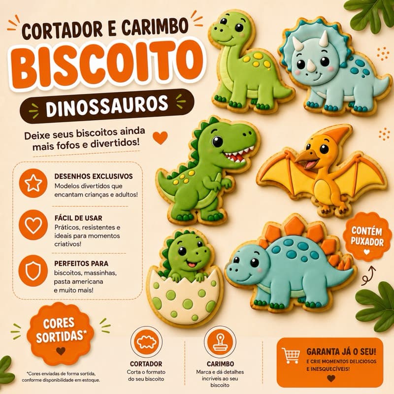 CORTADOR DE BISCOITO DINOSSAURO CARIMBO MASSINHA DE MODELAR DINOSSAURO DIVERSÃO DINO BRINQUEDO DINOSSAURO