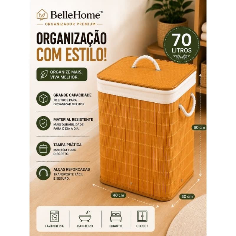 Cesto Organizador 70 L  Tampa e Alças Bambu Organizador Grande para Lavanderia Quarto Banheiro e Closet | BelleHome™