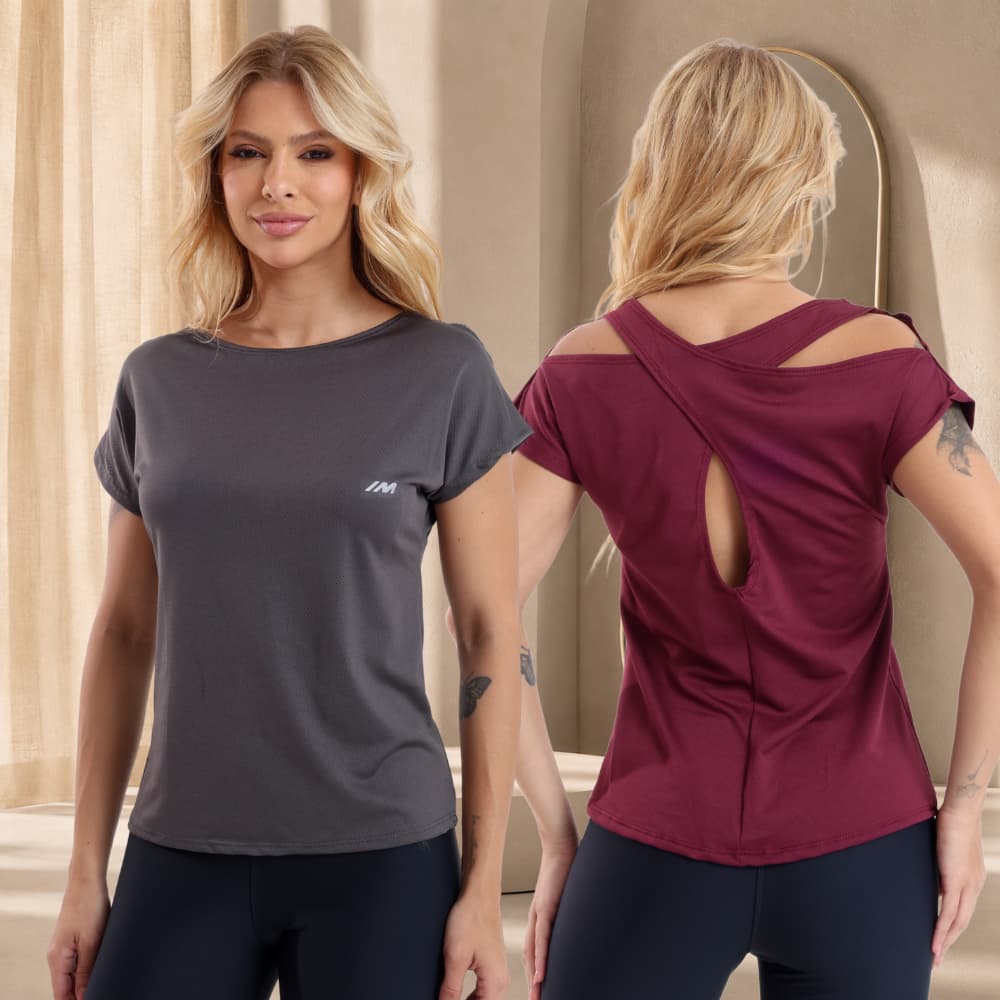 KIT 2 Camiseta Feminina Dry Fit Costas Cruzadas Academia Blusa Poliamida Estilosa Treino Corrida Musculação Caminhada