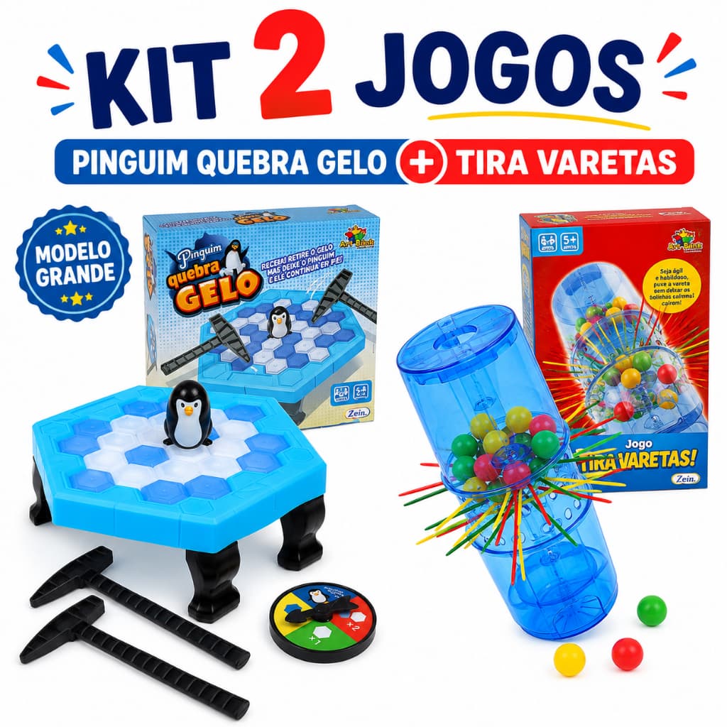 Kit Jogo Pinguim Quebra Gelo Modelo Grande + Jogo Tira Varetas Cai Bolinhas Diversão em Família