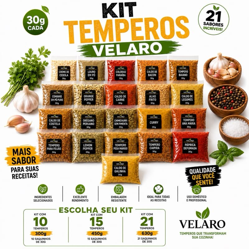 Kit com 15 Temperos 30g cada para Carnes e Churrasco | Temperos para Frango, Arroz e Feijão|Especiarias Variadas Velaro
