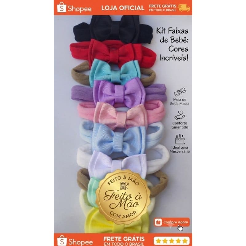 Kit laço de bebê, faixinha de cabelo, faixa meia de seda, tiara recém nascido, laço RN, enxoval menina, presente bebê