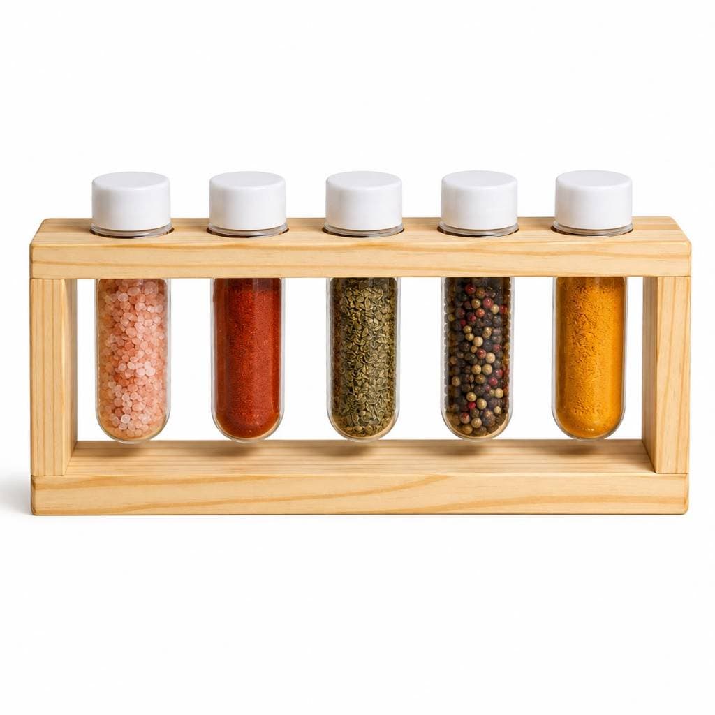 Porta Temperos e Condimentos de Madeira Pinus Com 5 Tubos Organizador de Temperos para Cozinha Bancada e Decoração