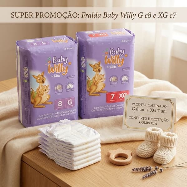 Kit 2 Pacotes de Fraldas G BABY WILLY for KIDS com 16 Unidades | HIPOALERGÊNICO Descartáveis Com ALOE VERA