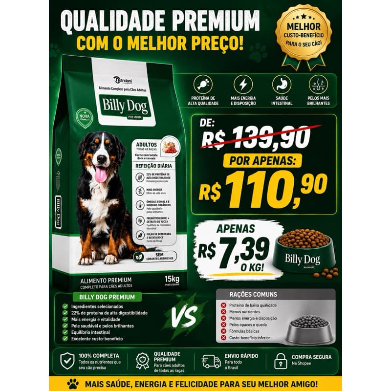 Ração Para Cachorro Billy Dog Premium 15kg Cães Adultos Todas as Raças Carne Batata Doce e Cereais