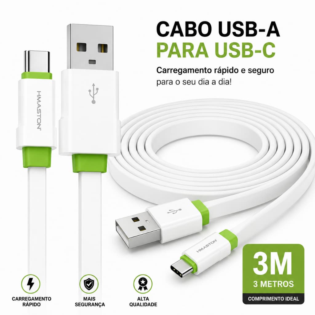 Cabo USB Para Tipo C 3 Metros Carregamento Rápido 4.8A Reforçado Cabo Carregador Celular A15 A25 A35 A55 S20 S23 S24 S25