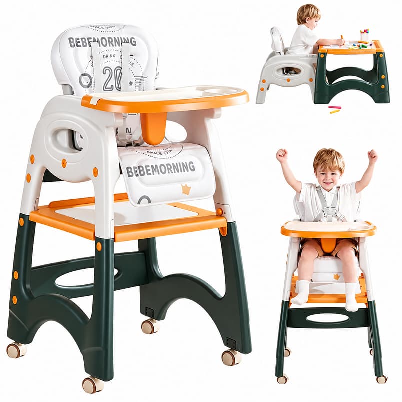 Cadeira de Alimentação Bebê 6 em 1 Laranja Conversível em Mesa e Cadeira Carrinho com Rodinhas 360° Silenciosas Removíve