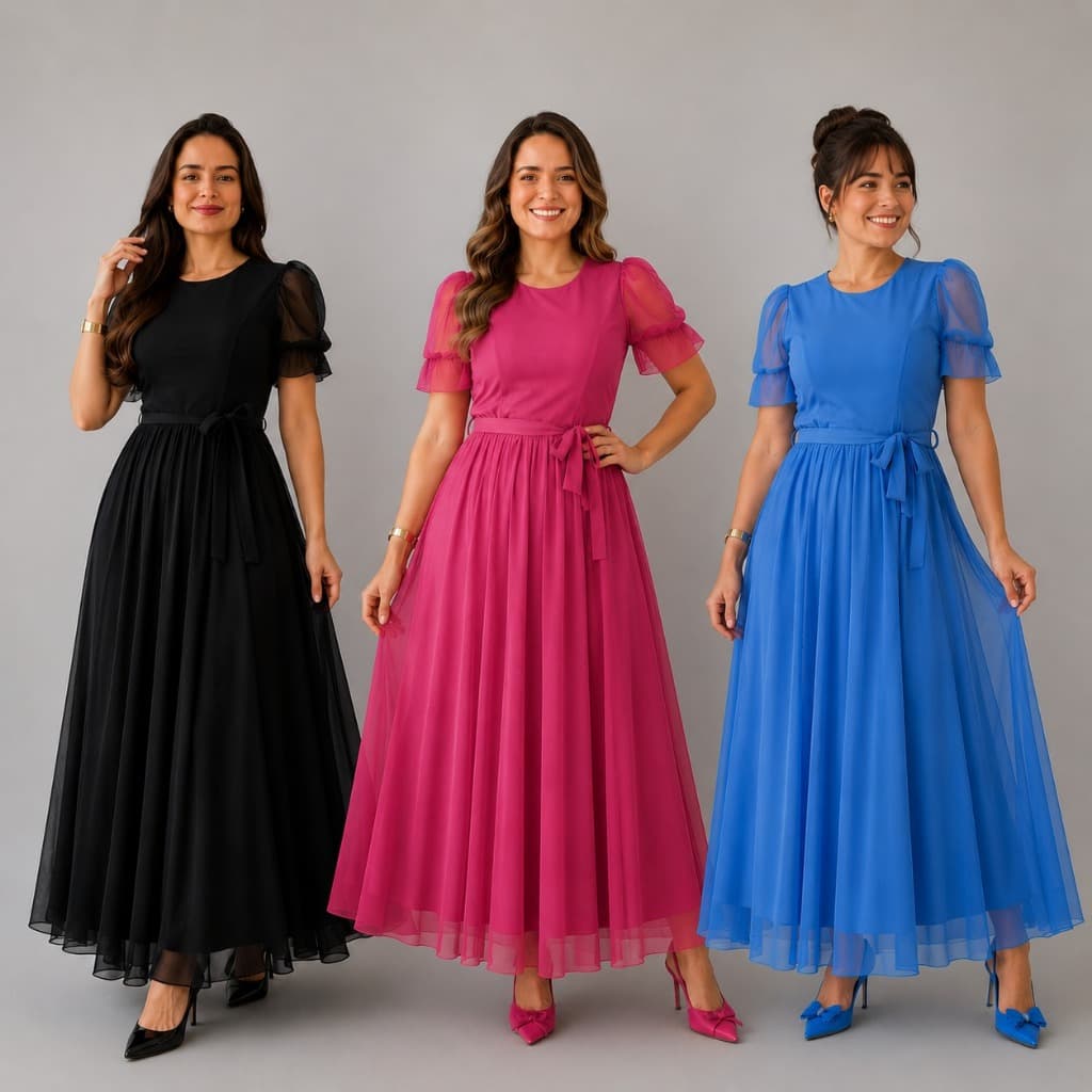 Vestido Longo Evangelico Feminino Manga Tule Princesa Elegante