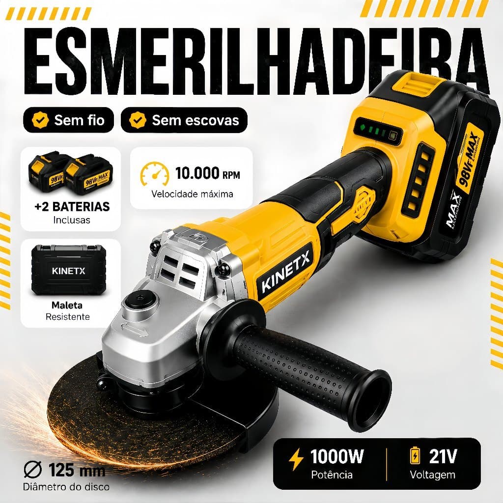 Esmerilhadeira Angular Sem Fio 125mm Motor Brushless 98V KINETX com 2 Baterias 2.6Ah 10 Células + Maleta e Kit de Corte