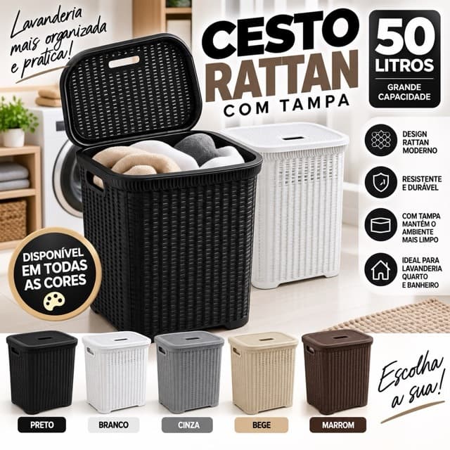 Cesto Organizador Rattan 50 Litros com Tampa Grande para Roupas Quarto Banheiro