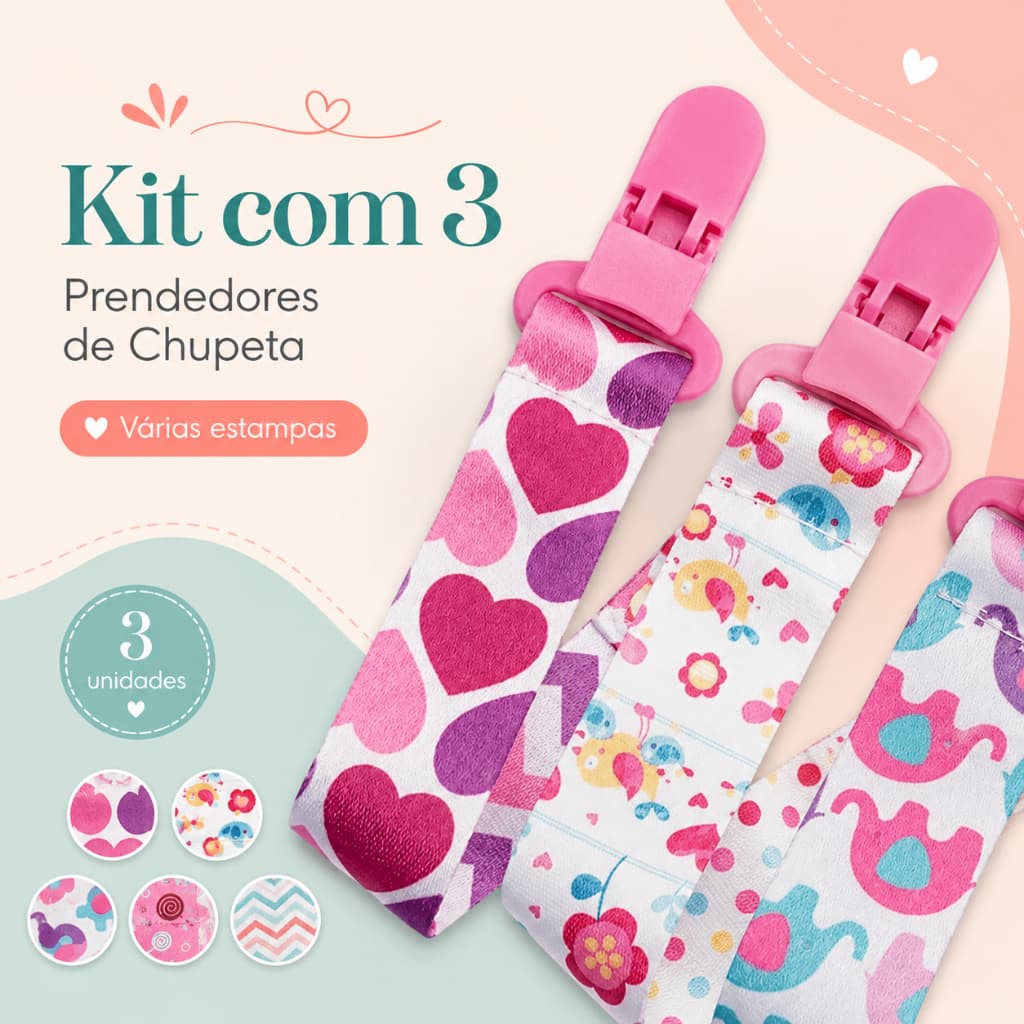 Kit Com 3 Prendedores De Chupeta Bebê Menina Cordinha Lavável Universal e Costura Reforçada