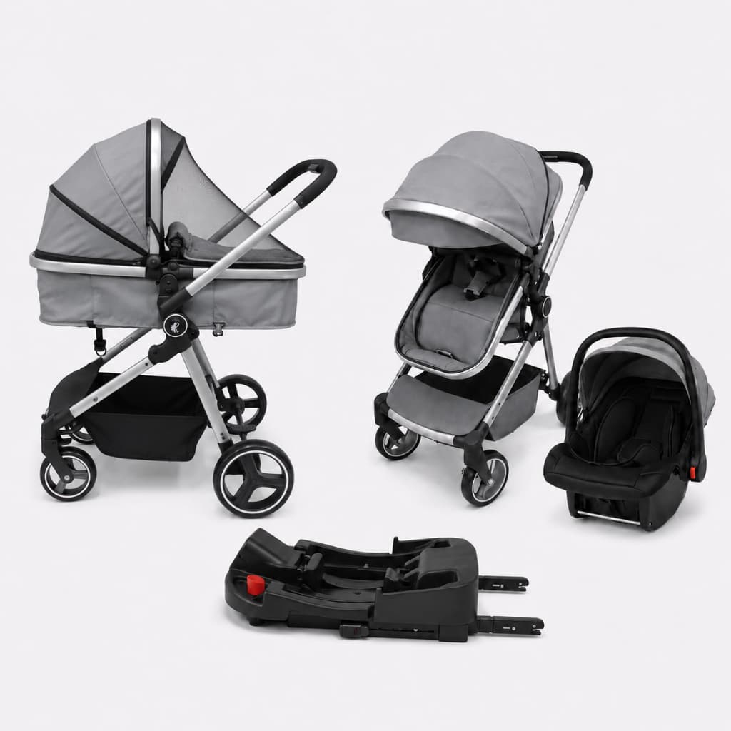 CARRINHO DE BEBE COM MOSQUITEIRO ACOPLADO LEVVI RAGALUMA TRAVEL SYSTEM CINZA COM PRATA