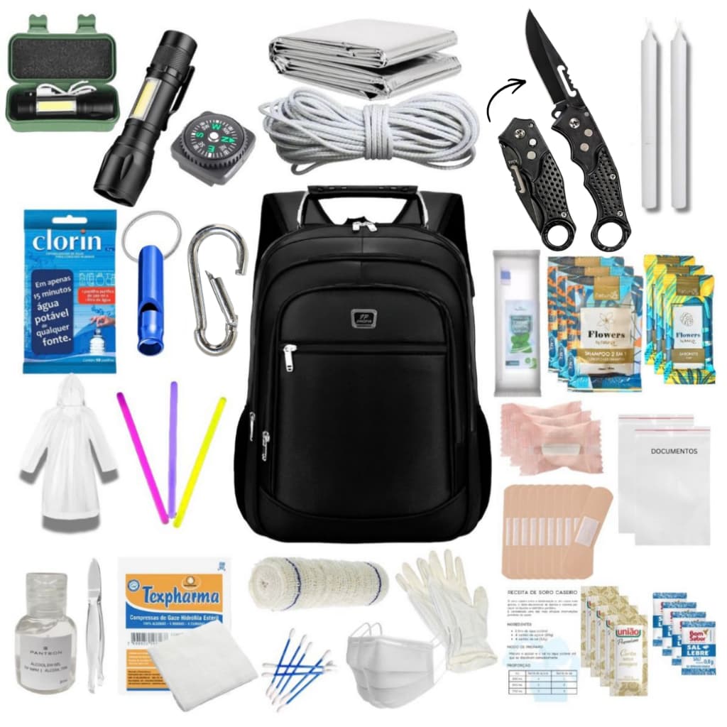 Mochila De Emergência 80 Itens Kit Sobrevivência EDC Primeiros Socorros Militar Acampamento Tático Camping