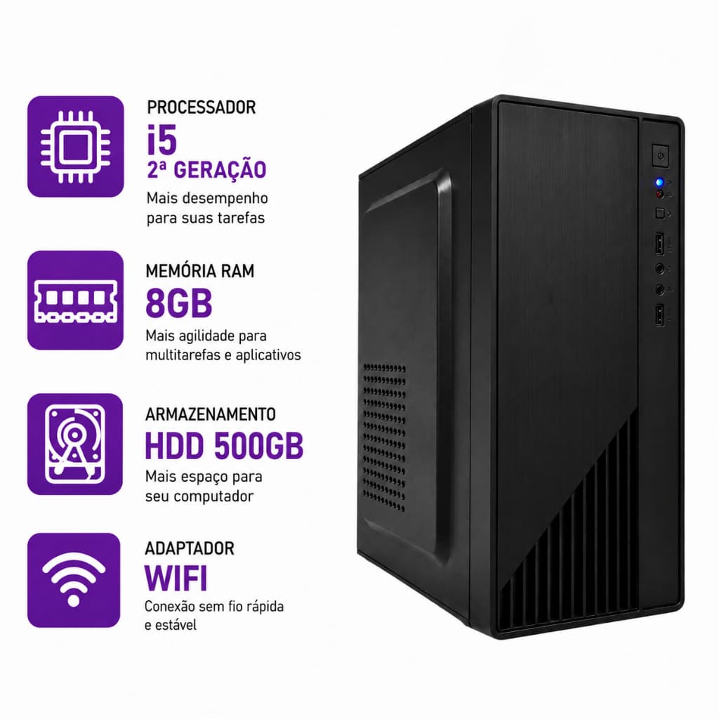 Desktop Novo Computador Intel i5 2ª Geração 8Gb Ram Ddr3 HD 500GB Cpu Torre Com Wifi Cabo De Força