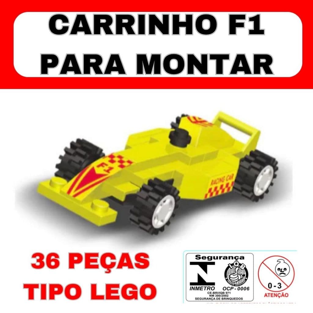 Carrinho Fórmula 1 Para Montar - Blocos Tipo Lego - Amarelo 36 Peças - Divertido +Desenvolvimento Motor + QI