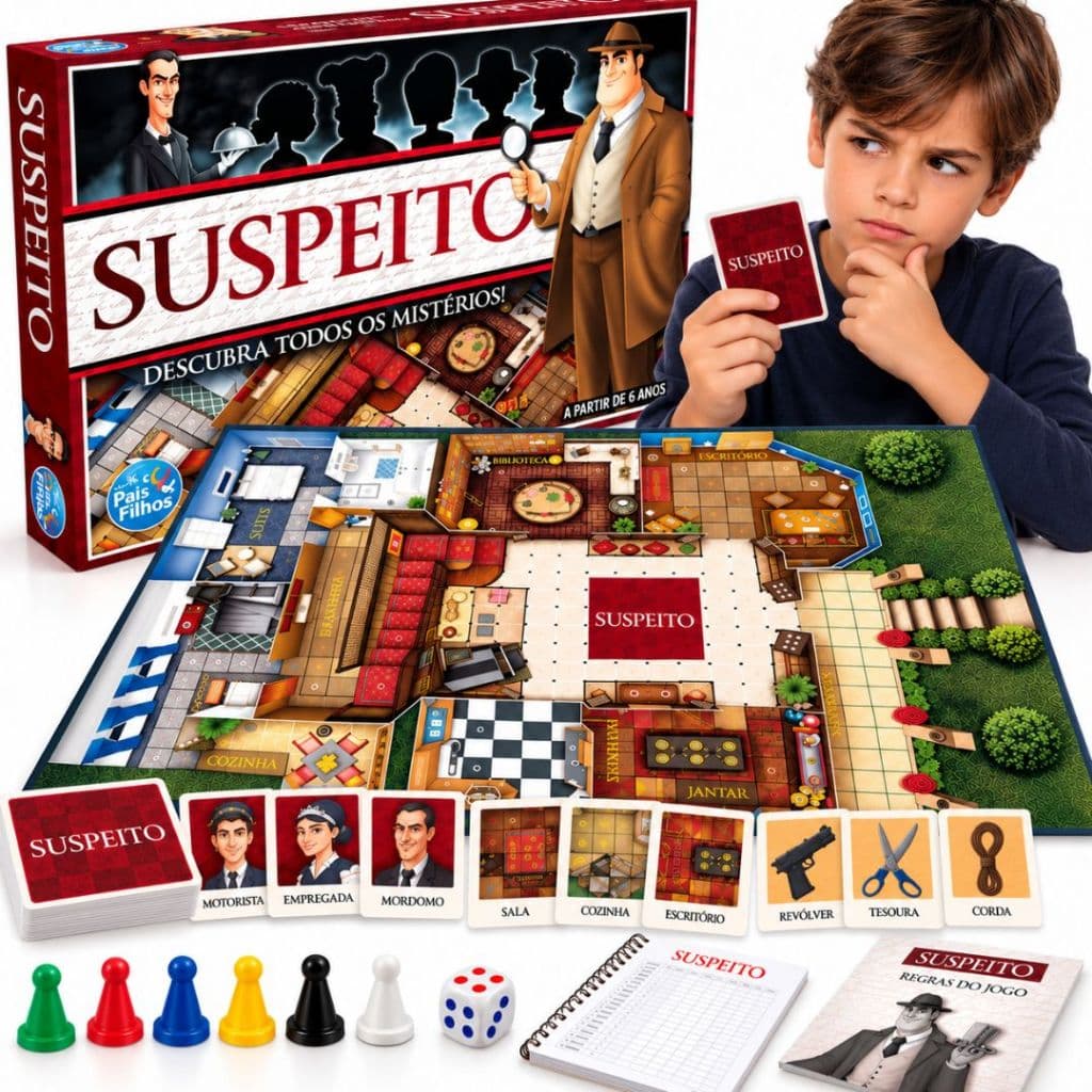 Jogo de Tabuleiro Suspeito Detetive Misterios Investigação Crime Pistas Para Criança Pais e Filhos Amigos Família